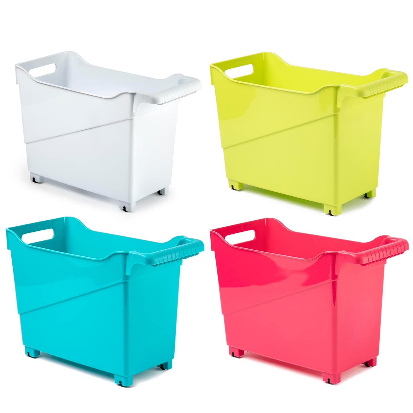 ACAN Tradineur Pack de 4 Carritos de plástico multiusos con ruedas Cesta para Diversos usos con Ruedas para moverlo Cesto para organización y Almacenamiento N.grados 3-26 x 18 x 38 cm Color: Verde