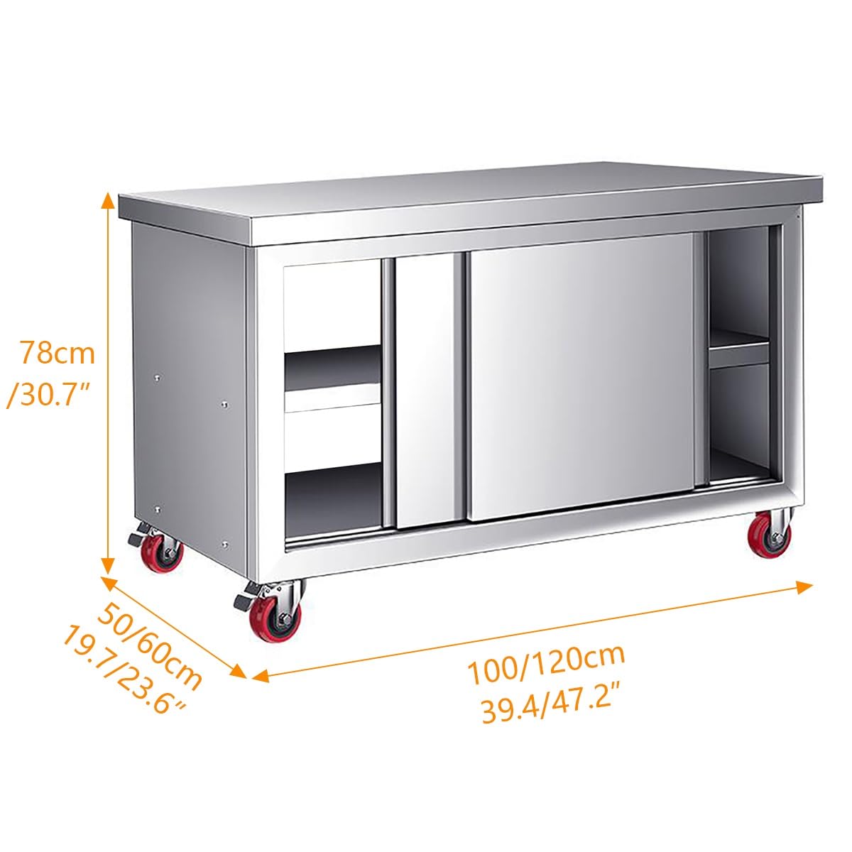 Mesa de trabajo de acero inoxidable con puertas dobles correderas y almacenamiento, mesa de preparación resistente con ruedas para cocina comercial, restaurante y garaje