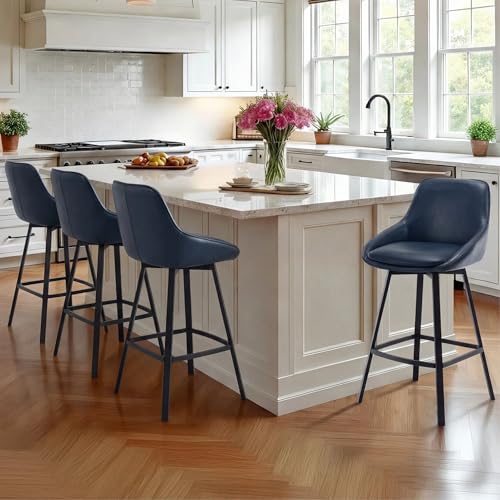 Image of Zesthouse Swivel Bar Stools Set of 4, 26 inch Modern Counter Height Bar Stools with Low Backs, Upholstered Faux Leather Bar Chairs for Kitchen Counter, Blue Island Chairs with Metal Legs
