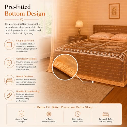 Image of Mosquito Net for King Size Bed & Double Bed (6x7 ft, Wall /Hook Hanging) Poly-Cotton Blend Fabric with Zigzag Wave Line Pattern, Pre-Fitted Bottom & Cotton Ribbon (Golden Orange)