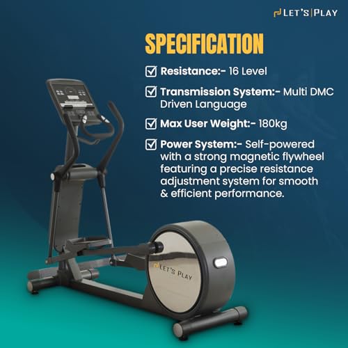 Image of LET'S Play Chrome Cross Trainer Elliptical for Home Gym with 16-Level Magnetic Resistance, Heavy Duty 180kg Capacity, Silent Belt Drive, LCD Display, and Full Body Workout Support