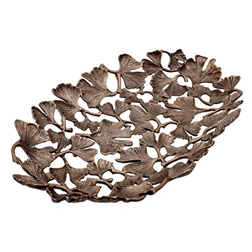 Decozen The Gingko Collection Aluminum Oval Tray Fruit Platter in Gingko Leaf Design Antique Brass Finish Table Décor Item for Home Decorative Serving Platter