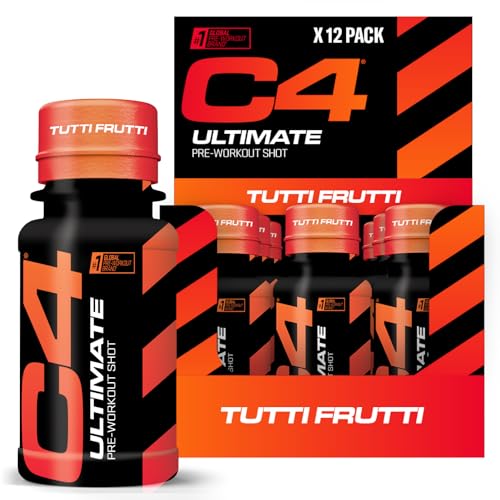 Cellucor C4 Ultimate Pre-Workout Shot | Tutti Frutti Flavour Energy Shots, 12 x 60ml Flaschen | Zuckerfreier Pre-Workout Shot mit 200mg Koffein, 2000mg L-Citrullin, 2000mg Beta Alanin, 800mg Betain