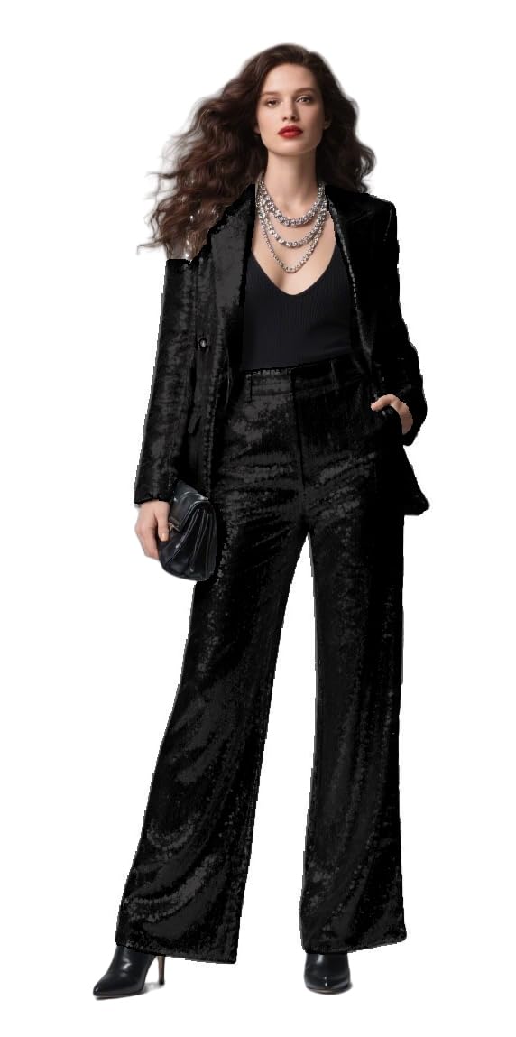 Womens Sequins Blazer 2 Piece Outfits Work Business Suits Pants Sets Wedding Fall Clothes