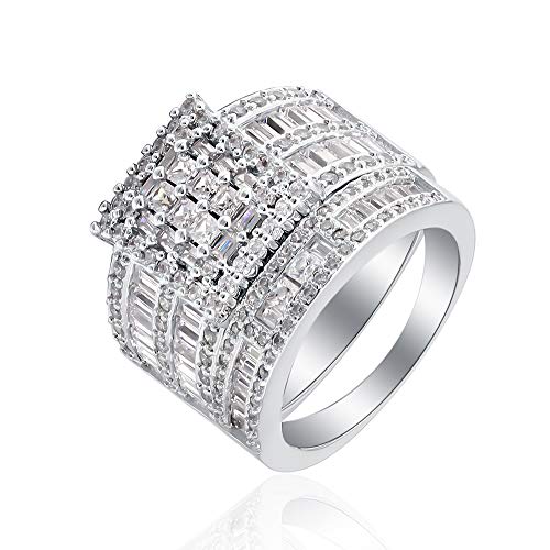 Camilla Square Cubic Zirconia Engagement Ring Wedding Band Bridal Set for Women by Ginger Lyne Ultra Wide Width Baguette and Round Multi Cut Stones Statement Piece Choice of Metal