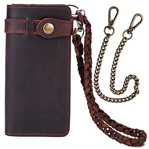 CPJ Mens Wallet with Chain Leather Long Bifold Trucker Wallet Vintage Biker Money Clip with Zipper