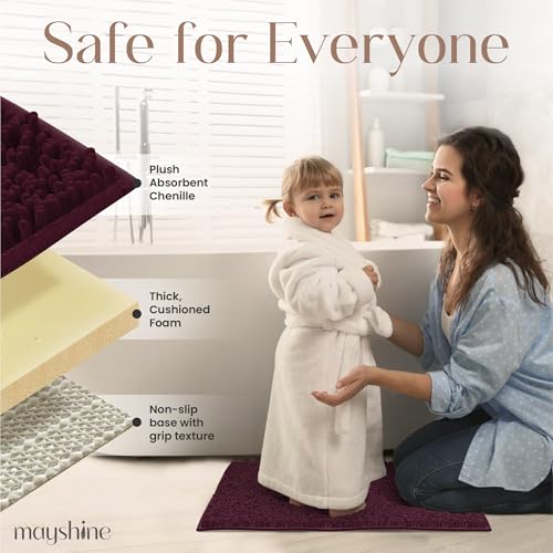 Image of MAYSHINE Small Plush Shaggy Chenille Bath Mat 24 inchx17 inch Extra Soft, Super Absorbent, Non-Slip Bathroom Rug | Fluffy Microfiber, Area Rug Sets for Bathroom Floor, Kitchen, Living Room | Burgundy