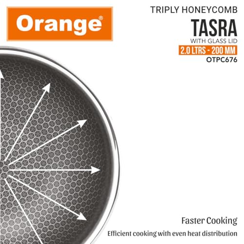 Image of Orange Triply Honeycomb Stainless Steel Tasra Kadai with Glass Lid (2 Litre, 20cm Diameter) | Heavy Bottom, Scratch Resist Non-Stick Tasra /Tasla | Induction Friendly | 5 Year Warranty