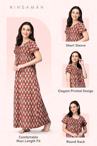 Image of NIHSAMAH Cotton Nighty for Women with Pocket, Premium Printed Long Nighty | Comfortable & Fancy Sleepwear /Nightwear