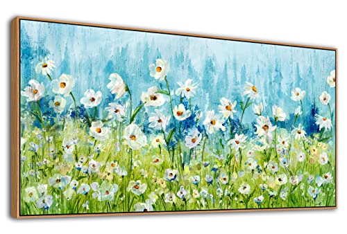 Framed Wall Art Wildflowers Canvas Pictures Living Room Wall Decor Abstract White Daisy Floral Canvas Prints Spring Landscape Painting Green Grass Artwork For Bedroom Kitchen Home Office Decor 20"X40" #TOP7