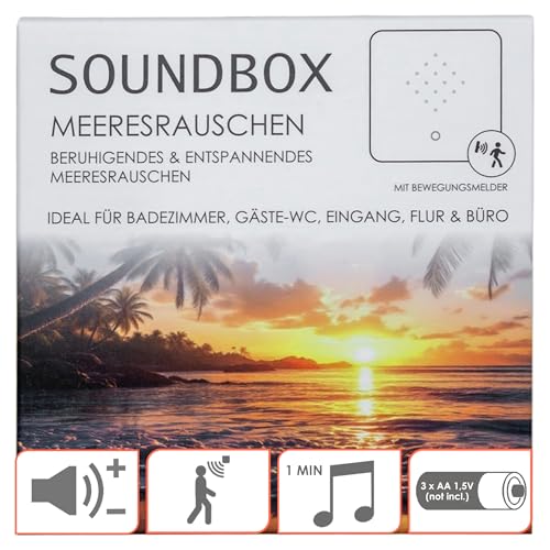 Spetebo Soundbox weiß mit Meeresrauschen - 12 cm - Lautsprecher mit beruhigendem Wellenrauschen - Deko Box mit Naturgeräuschen Maritim Wasser Sound 2 Meter Sensor für Bad Spa Gäste WC und Entspannung