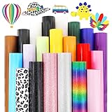 HTV Heat Transfer Vinyl Bundle: KINGSOW 20 Pack 12x10 Inch Black White Iron on Vinyl Sheets Glitter Leopard Pattern Pink HTV for Cricut…