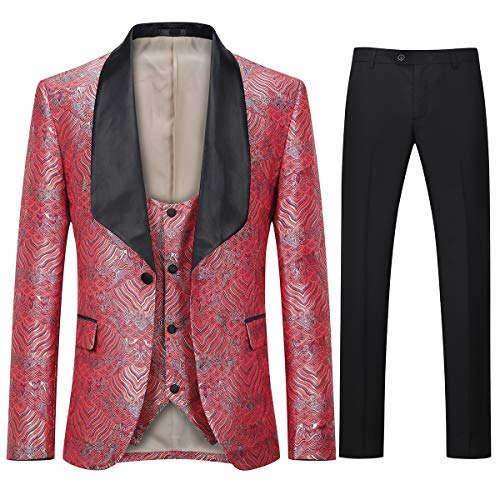Boyland Men's 3 Pieces Tuxedo Suit Slim Fit Wide Shawl Lapel One Button Formalwear Tux Suit Jacket Vest Pants Party Dinner Red