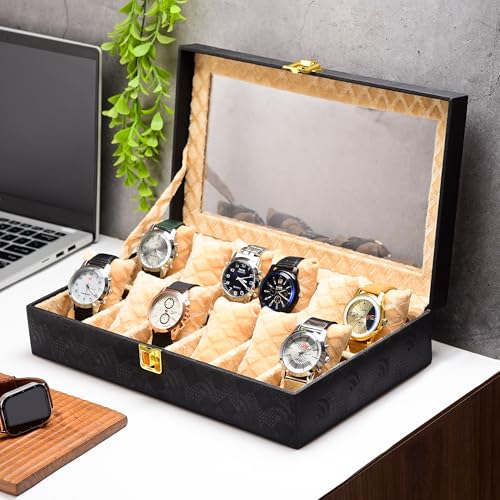 Image of NAAZS Trendy Watch Box Organizer for Men & Women Black Leatherette Watch Storage Case with Transparent Lid Holds 12 Watches Stylish Wrist Watch Display,Organizer,Case,Box