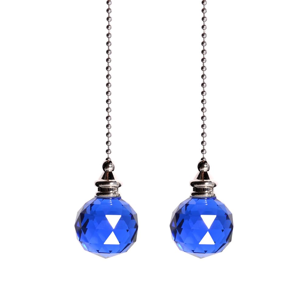 2PCS Ceiling Fan Pull Chain, Light Pull Chain Extension with Crystal Prism Ball, Bedroom Lamp Crystal Pull Cord, Decorative Fan Pull Chain, Fan Light Pull Chain/Blind Cord Pull (Blue)