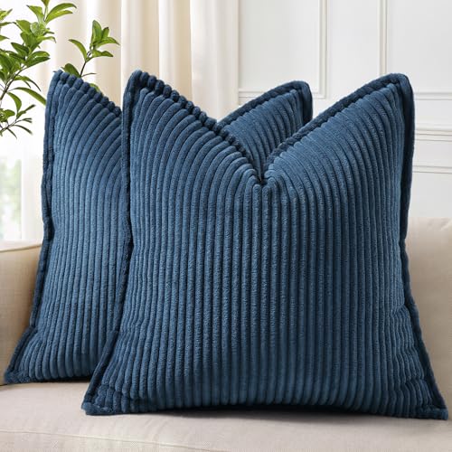 decorUhome Corduroy Navy Blue Throw Pillow Covers 18x18 Set of 2 Decorative Soft Boho Striped Neutral Euro Farmhouse Couch Pillow Cases with Broadside for Living Room Bed Sofa