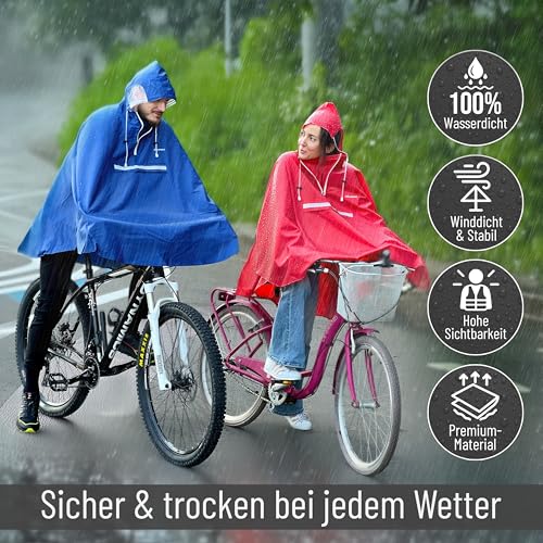 Regenponcho Fahrrad extra wasserdicht und robust - TEST SEHR GUT - Premium Regencape Fahrrad mit Reflektoren, Sichtfenster - Regenbekleidung als Regenponcho Herren und Damen - Regenjacke Blau in L