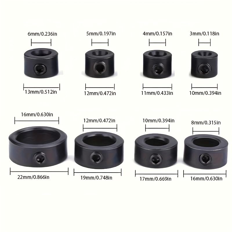 9PCS Drill Stop Collar Set 9-Piece Adjustable Depth 3-16mm with Hex Wrench for Precision Woodworking Drilling Home Workshop Use, Black