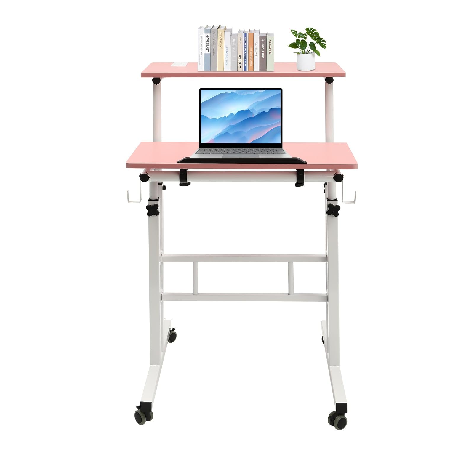 Small Adjustable Standing Desk with Wheels Home Office Workstation Portable Rolling Desk Laptop Cart Pink — view 3