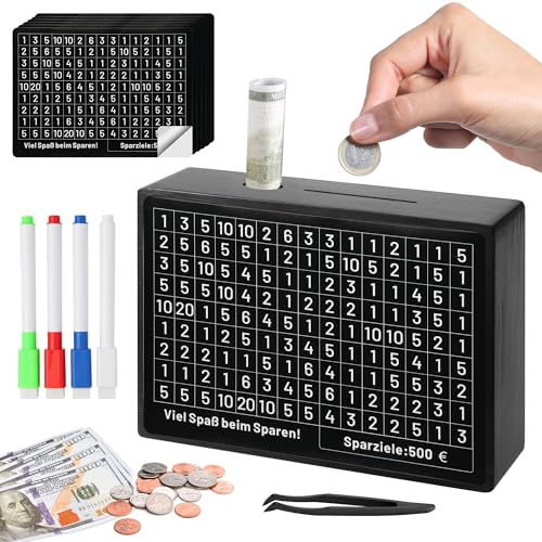 Tirelire en bois avec marqueurs autocollants et chiffres, compteur jusqu'à 10 000 €