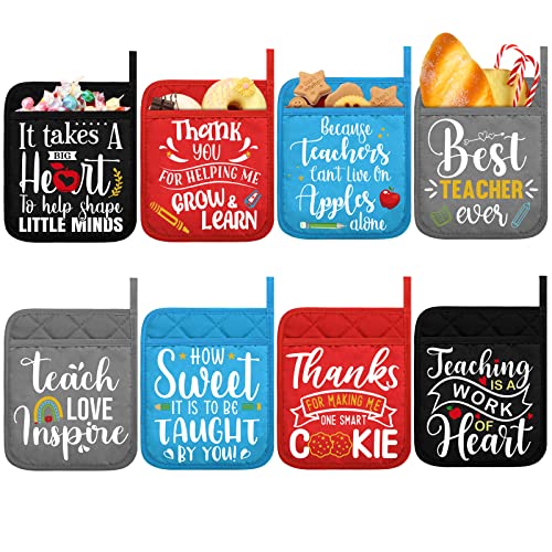 Irenare 8 Pcs Teacher Appreciation Pot Holders Thank You Teacher Potholder Funny Oven Mitts Heat Resistant Microwave Oven Mitt Potholders with Hand Pocket End of Year Gift, 7 x 9 Inch