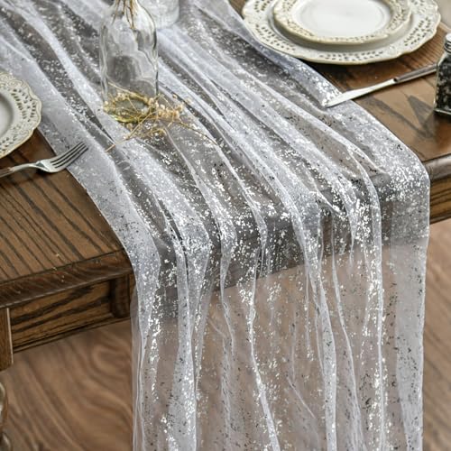 Artoid Mode Gaze Tulle Blanc Argenté Chemin de Table 70 x 300 cm, Décoration de Table Cuisine Intérieur Vacances Anniversaires Mariages Fête