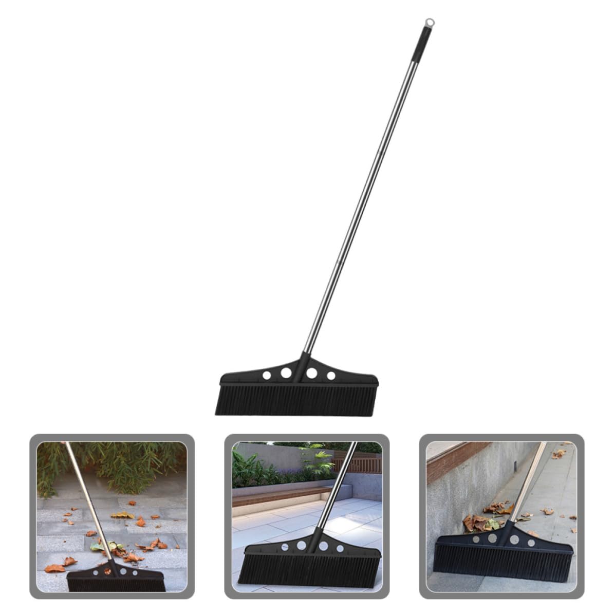 POPETPOP Scopa da Giardino in Acciaio Inossidabile e Nylon con Manico Ergonomico per Pulizia Efficiente di Vialetti e Marciapiedi, Scopa Nera Resistente e Larga