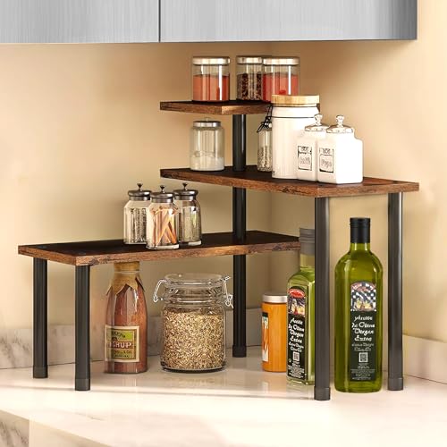 Image of ABJA Stylish Wooden Rack for Kitchen Storage, Corner Shelf for Kitchen, Organizer Rack, 3 Tier Spice, Oil Stand, Tabletop Adjustable Rack for Makeup, Office (Rustic Brown, 3 Tier Lite)