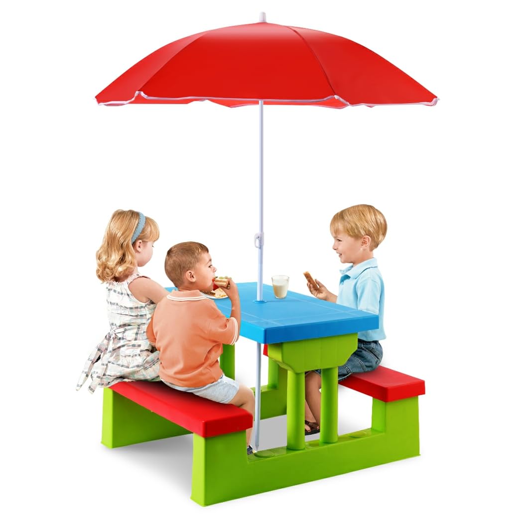 KOMFOTTEU Conjunto de Asientos Infantiles con Sombrilla, Juego de Picnic para Niños con 1 Mesa y 2 Bancos, Juego de Muebles para Jardín, Parque, Terreza (Verde + Rojo + Azul)