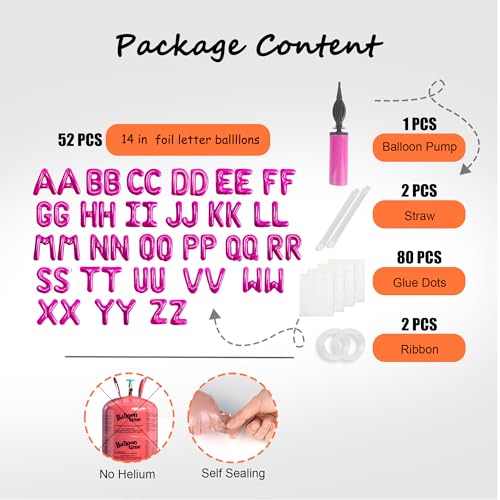 Image of 52 pcs Hot Pink Foil Letter Balloons with Air Pump, 16 Inch 2 A-Z Sets - Mylar Alphabet Balloon Kit for Birthday Banner & Party Decorations