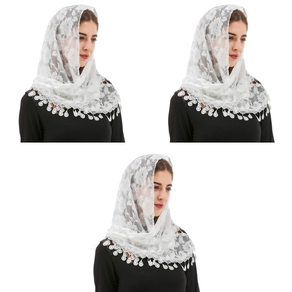 PALAY Christian Triangle Net Scarf Lace Church Veil White 3 Pcs | Lightweight Net Covering, Rose Embroidery, Tassel Edge, Comfortable Draping, for Prayer Services and Chapel Use-picture-18