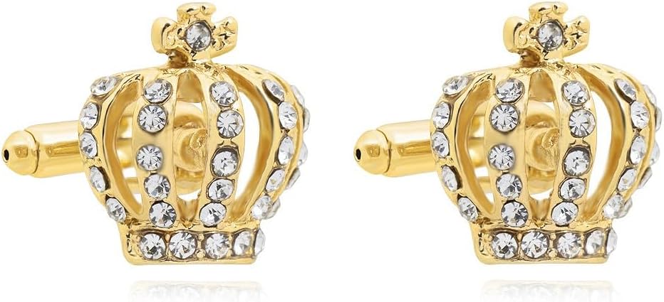 Rhinestone Crown Pair Cufflinks for Men Women Crystal 3D Tie Bar Clips Cuff Links Elegant Jewelry Gift Christmas Wedding Birthday Valentine Dress Accessories