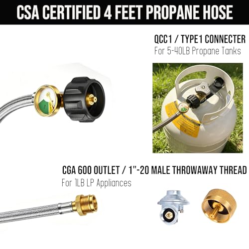 Image of BeeGo 4FT Propane Hose Adapter with Gauge for 5-40lb Propane Tank, 1lb to 20lb Converts 1lb Appliances for Weber Q Grills, Go-Anywhere, Blackstone Griddles, Coleman Stoves, Buddy Heaters