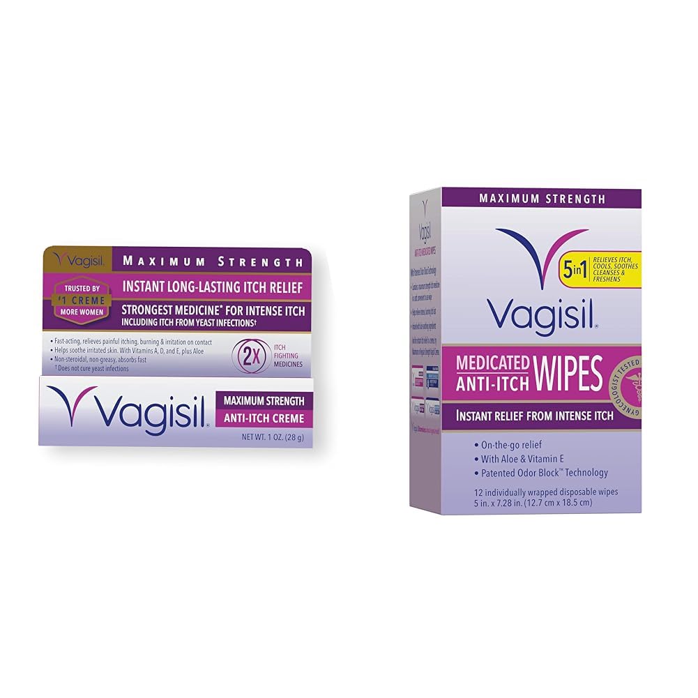 Vagisil Maximum Strength Feminine Anti-Itch Cream with Benzocaine for Women & Anti-Itch Medicated Feminine Intimate Wipes for Women, Maximum Strength, Gynecologist Tested, 12 Wipes