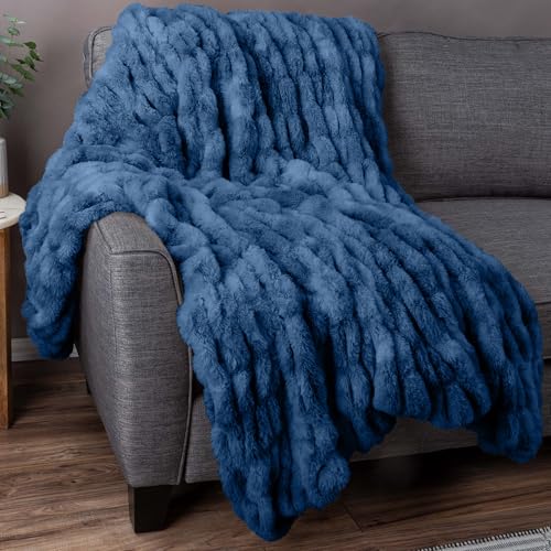 Image of Lavish Home Oversized Ruched Faux Fur Blanket - 60x80-Inch Plush Polyester Faux Fur Queen-Size Throw for Sofas and Beds - Luxurious Bedding (Blue)