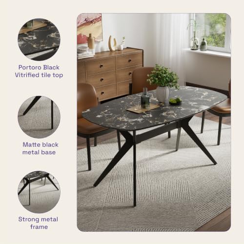 Image of Wakefit Baklava Dining Table - Portoro Black - 6 Seater I Marble Finish I Vitrified Tile Top I Portoro Black