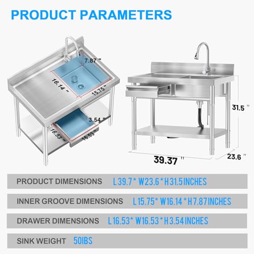 Image of 39 inch Stainless Steel Freestanding Utility Sink with Workbench & Drawer | Workbench Included, Built-In Drawer, Freestanding Design, Stainless Steel, 99 cm Wide
