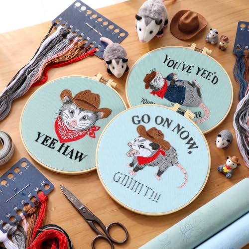 Image of Mindsoft 3 Set Needlepoint Kit for Beginners with Hoop,Cowboy Possum | Bamboo Hoop Thread Needles Instructions, Easy Hand Embroidery for Beginners Home Crafts,Pre-stamped Funny Cute Designs