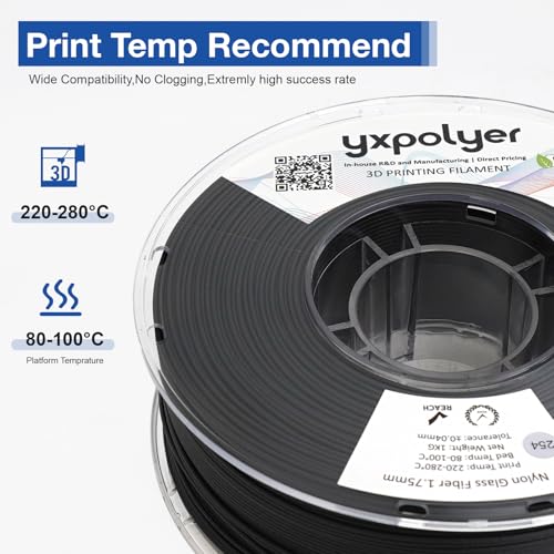 Image of YXPOLYER Nylon Glass Filled Filament Black Nylon Glass Fiber 3D Printer Filament PA6-GF 1kg with Reusable PC Spool