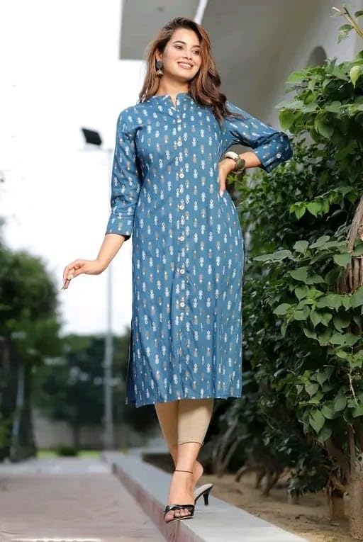 Image of Women's Printed Straight Kurti, 3 /4 Sleeves, Button-Down Front, Side Slits with Pockets
