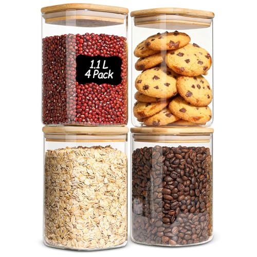 ComSaf 1.1L Glass Jars with Lid Set of 4, Square Storage Jar with Lids Airtight, Clear Pantry Kitchen Storage Container with Bamboo Lids for Noodles Flour Cereal Rice Sugar Tea Coffee Beans