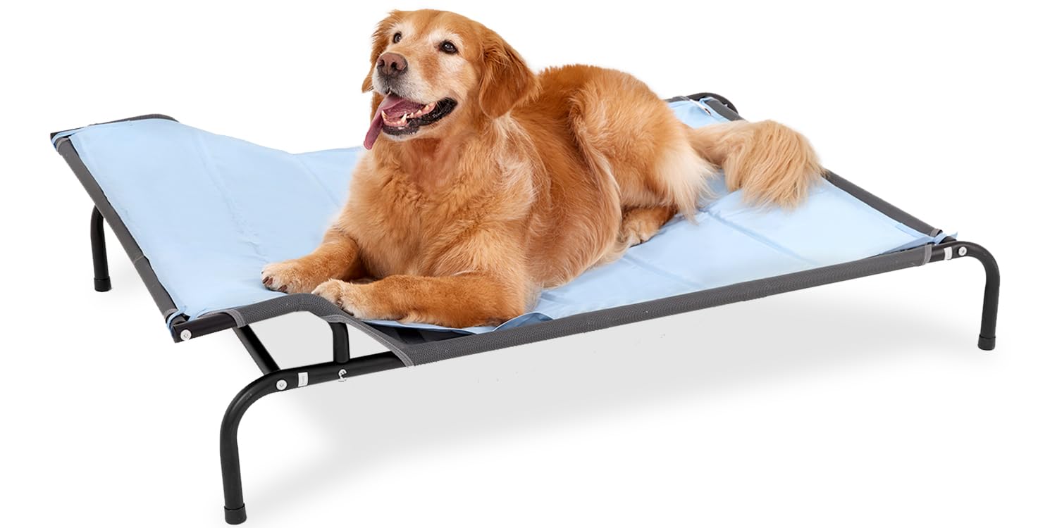 Sweetnight Elevated Dog Bed with Headrest for Large Dogs | Waterproof Raised Dog Cot for Outdoor - 51inch Heavy Duty Steel Frame with Cooling Mat &