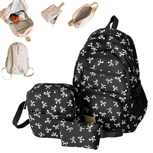 Bow Backpack 3Pcs Set for Girls, Aesthetic Daypack Bow Rucksack, Nylon Rucksack Large Capacity with Bow Pattern (1set D)