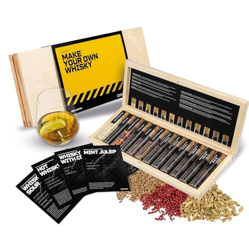 DIBYS Whisky-Gewürze-Set Mini | 12-Whisky Botanicals für DIY-Cocktails | Mit 4 Rezept-Karten Gewürzlexikon & Holz-Kiste | Geschenk-Set für Männer & Frauen | Zubehör zum Whisky selber machen