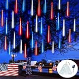 4th of July Decorations Outdoor, USA 250th Anniversary Red White and Blue Solar Meteor Shower Lights, 18 Tubes 432 LEDs Waterproof Patriotic String Lights for Independence National Memorial Day Decor