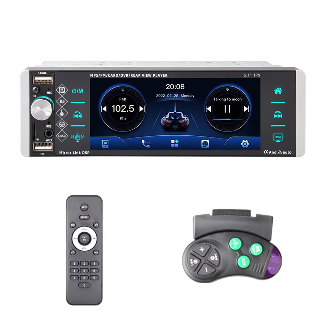 5,1 Pulgadas 1Din 5188 Reproductor MP5 para Coche IPS Pantalla de Prensa Control de Voz Radio RDS Am FM 4USB interconexión bidireccional