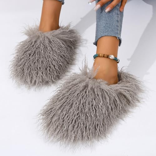 Image of Unisex Fuzzy Faux Fur Slippers, Women's Fluffy Long Hair Sheep Faux Fur Slip on Slides, Girls Luxury Big Fluffy Outdoor Flat Slippers, Long Curly Hair Non-Slip Warm Home Slide Shoes