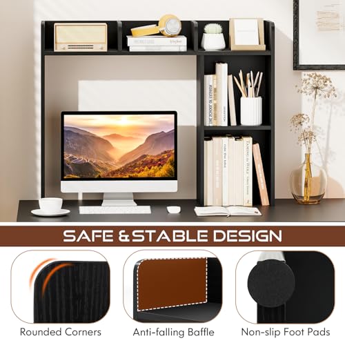 Image of Tangkula Desktop Bookshelf, Countertop Storage Hutch with Shelves for Computer Desk, Desk 3-Tier Display Rack, Multipurpose Wood Desktop Hutch Storage Organizer for Dorm Office (Black,5 Shelves)