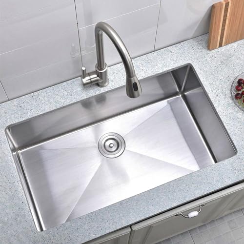 Image of 28 Inch Undermount Kitchen Sink, 28 x 18 Stainless Steel 16 Gauge 9 Inch Deep Single Bowl Basin Commercial Outdoor Kitchen Sink with Strainer