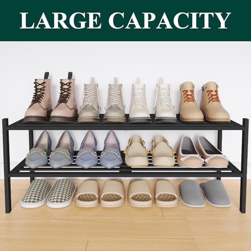 Image of Smiry Bamboo Shoe Rack, 5 Horizontal Slats, 2 Tier - 33.9 inch Wide, Black